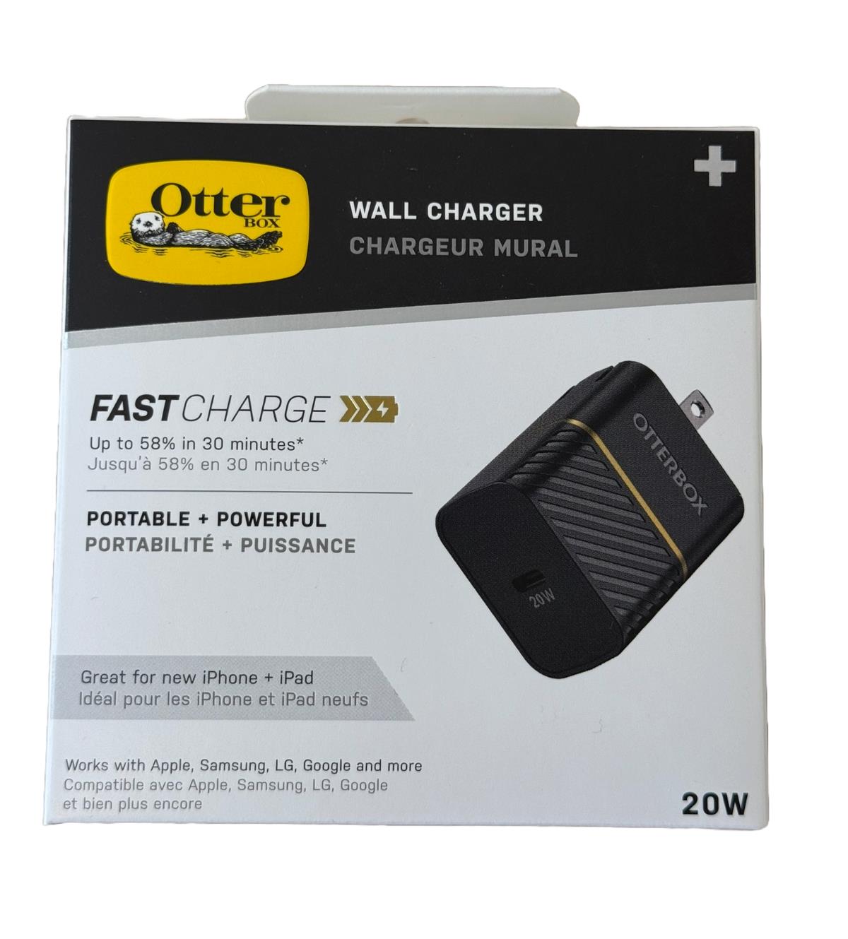 New OtterBox 20W Fast Charge Wall Charger USB-C for iPhone Android Black Shimmer
