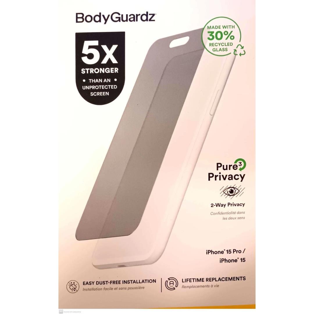 BodyGuardz Pure 3 Privacy Tempered Glass Screen Protector iPhone 15 / 15 Pro